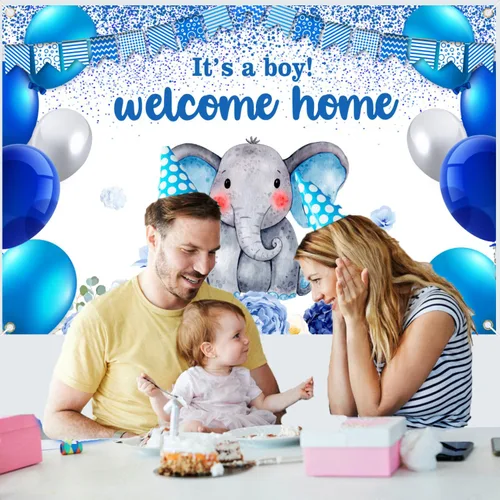 Miniatura 2 de Cartel de revelación de género con texto en inglés "I'm a Boy" para fiesta de baby shower, cabina de fotos, decoración de fondo de elefante azul