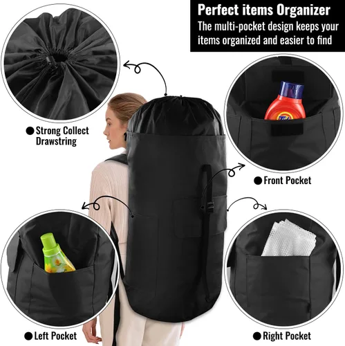 Miniatura 4 de JOINPRO Mochila Bolsa de Lavandería, 125L, extra grande con correas para el hombro, diseño ajustable y extensible, cesta de 3 bolsillos para Negro