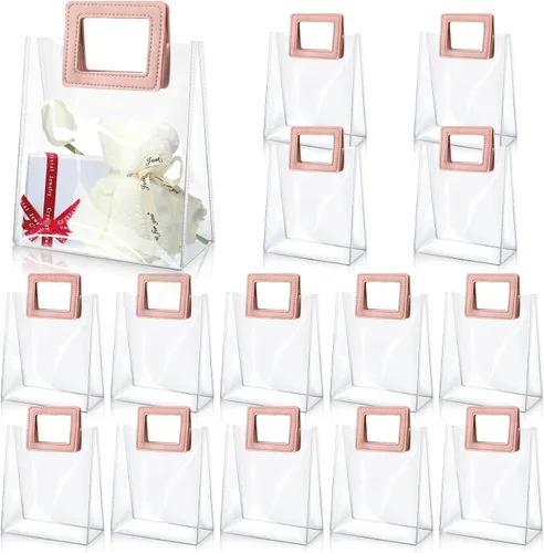 Meanplan Paquete de 15 bolsas de regalo transparentes con asas, bolsas de regalo reutilizables de PVC transparentes para regalos, bolsas de plástico