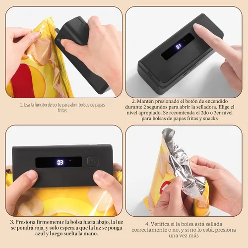 Miniatura 6 de Mini sellador de bolsas, bolsas de papas fritas de 4.7 pulgadas, sellador térmico con pantalla LED de alimentación y 9 engranajes ajustables, Negro