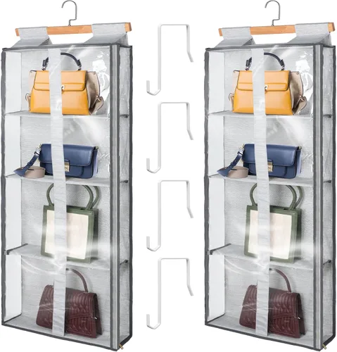 Miniatura 7 de Silkfly Paquete de 2 organizadores colgantes para colgar bolsos para armario, colgador de almacenamiento transparente con soporte de cremallera