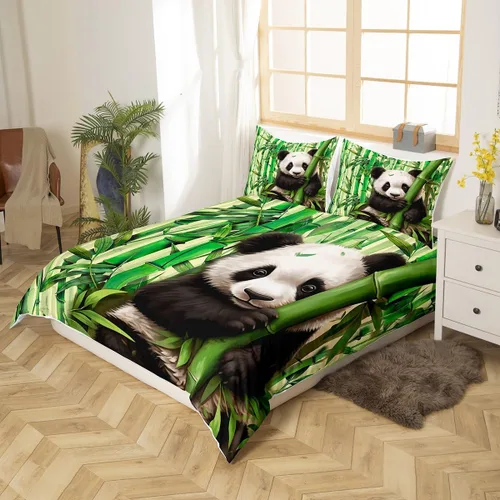Miniatura 2 de Manfei Juego de funda de edredón de panda lindo para niños, tamaño individual, juego de ropa de cama con temática de animales de dibujos animados, 2