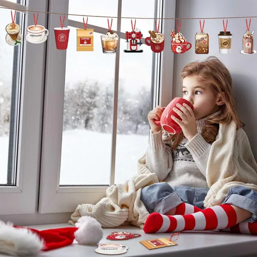 Miniatura 5 de 32 piezas de adornos de madera para taza de café para árbol de Navidad, adornos decorativos colgantes de cacao caliente y taza de té para vacaciones