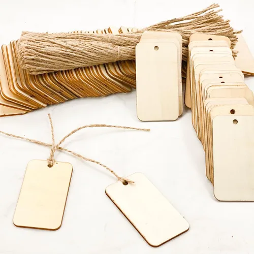 Paquete de 200 etiquetas de madera rectangulares de madera de 3 pulgadas, esquinas redondas con cordel, etiquetas de madera sin terminar para