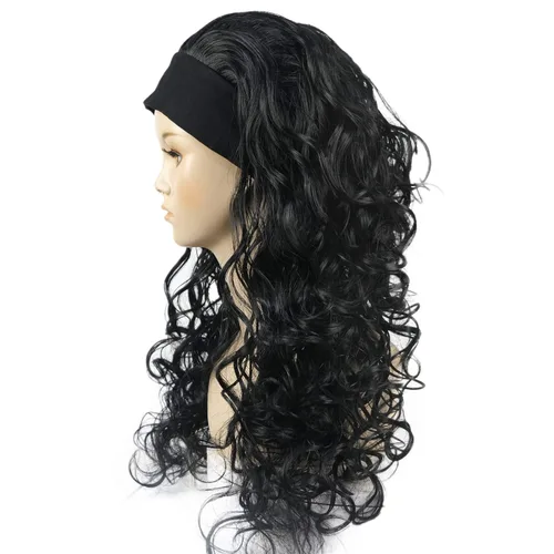 Miniatura 5 de Wiginway 18 pulgadas largo rizado ondulado peluca resistente al calor fibra sintética con diadema negro moda natural para las mujeres negro Jet