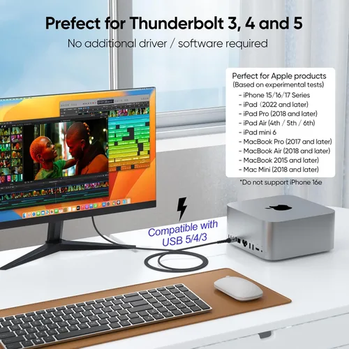 Miniatura 3 de Cable USB C a DisplayPort 1.4 de 6.6 pies, Thunderbolt 3/4/5 a puerto de pantalla DP 8K @60Hz 4K @120Hz 2K a 180Hz 1080P @360Hz Cable unidireccional