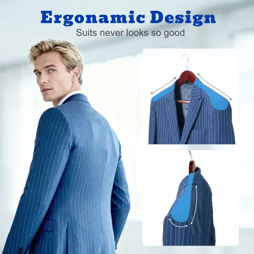 Miniatura 2 de HOUSE DAY Perchas de madera para hombres, perchas de madera de hombro ancho con barra antideslizante para pantalones, acabado retro liso, gancho