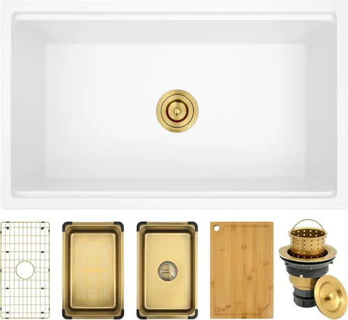 Miniatura 15 de Fregadero de cocina dorado de 30 pulgadas, fregadero de cocina de acero inoxidable SUS304 de montaje inferior, fregadero de cocina grande y profundo
