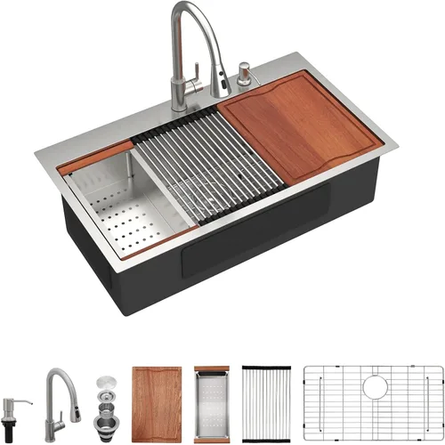 Miniatura 22 de Dcolora 33x22 Fregadero de cocina de acero inoxidable de 16 calibres, estación de trabajo de caída, fregadero de cuenco único grande, montaje
