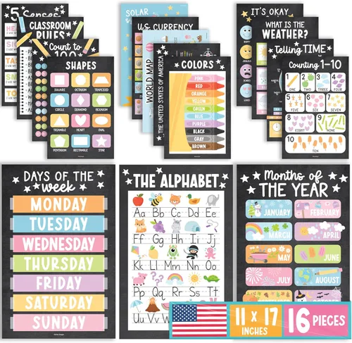 Miniatura 10 de Hadley Designs 16 carteles educativos para niños pequeños de 1-3 años, carteles de aprendizaje laminados para preescolar y jardín de infantes, tabla