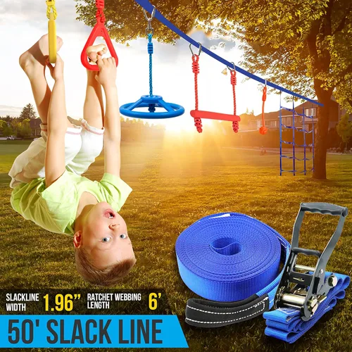 Miniatura 2 de SereneLife Ninja Warrior Slack Line Carrera de obstáculos de 50 pies con 18 accesorios de escalada de árboles de gimnasio en la selva, juego
