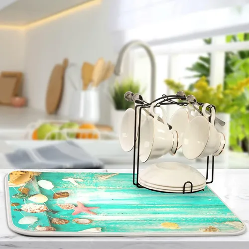 Miniatura 5 de Tapete absorbente para secado de platos para encimera de cocina, conchas verdes en la tabla de madera, almohadilla de secado de microfibra, 27