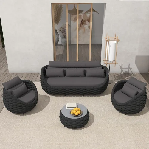 Miniatura 56 de TWT 3-Piece Woven Rope Patio Furniture Set, 2 Outdoor Armchairs with Soft Cushions + Round Aluminum Coffee Table, All-Weather Conversation Set for