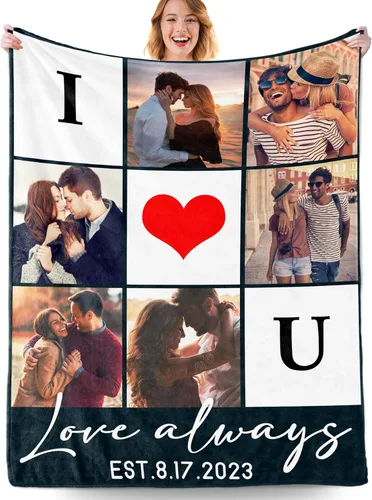 Miniatura 29 de Manta personalizada con fotos, manta personalizada con fotos con texto en inglés "I Love You", regalo de cumpleaños para novia, novio, esposa