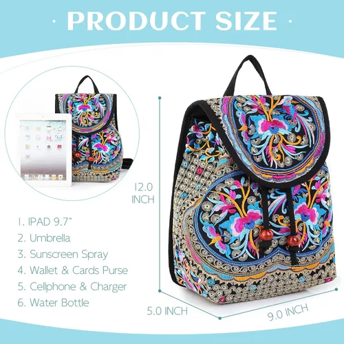 Miniatura 3 de MAZEXY Mochila bordada para mujer, bolso de hombro bohemio, bolso cruzado de flores étnicas vintage, Zafiro rojo, Causal