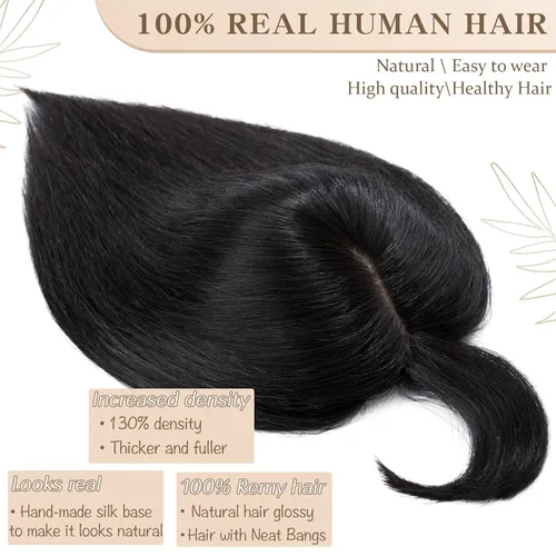 Miniatura 3 de S-noilite Toppers de cabello humano real con flequillo, postizo de clip con flecos, densidad del 130%, base de seda, 1.58 oz, 10 pulgadas, negro