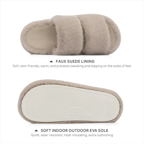 Miniatura 3 de Chantomoo Zapatos de casa de piel sintética para mujer, de espuma viscoelástica, peludos, cómodos, con dos bandas, para dormitorio, interiores