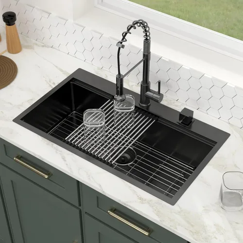 Miniatura 5 de Logmey Fregadero de cocina negro 33x22 empotrable, estación de trabajo de fregadero de cocina, SUS304 calibre 16 acero inoxidable, tazón individual