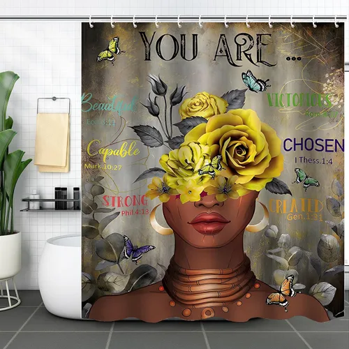 Miniatura 10 de Cortina de ducha de mujer africana, cortina de ducha de tela negra afroamericana, divertidas, citas inspiradoras, impermeable, decoración de baño