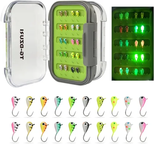Miniatura 12 de Kit de Jigs de Pesca en Hielo de Tungsteno, 3.2/4/5mm Gota Lágrima que Brillan en la Oscuridad Señuelos Jigs de Pesca en Hielo con Caja de Jigs