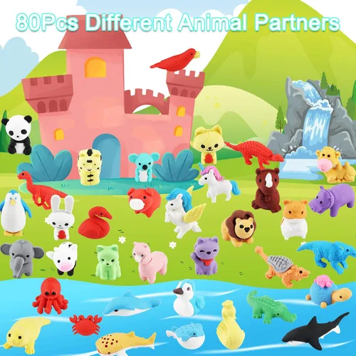 Miniatura 3 de URSKYTOUS 80 borradores de animales de escritorio para niños, borradores de lápiz, mascotas de escritorio, borradores de rompecabezas 3D