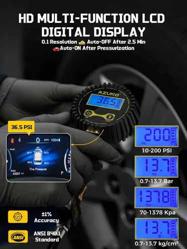 Miniatura 2 de AZUNO Inflador digital de neumáticos con medidor de presión, accesorios de compresor de aire de alta resistencia de 200 PSI, con bloqueo de manguera