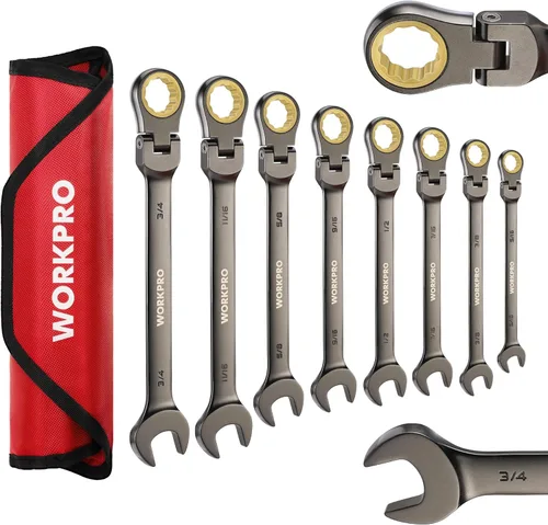 WORKPRO Juego de llaves combinadas de trinquete de cabeza flexible de 8 piezas, SAE 5/16-3/4 pulgadas, 72 dientes, construcción CR-V, niquelado con