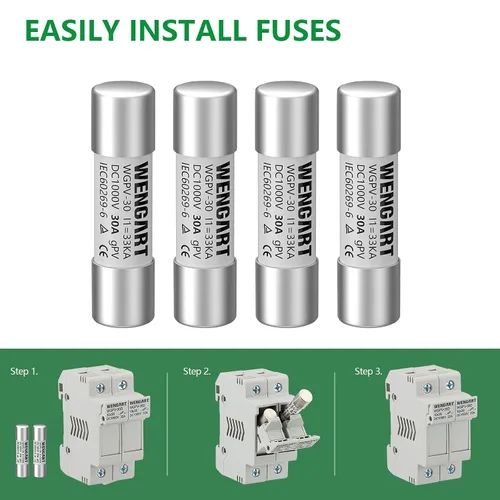 Miniatura 5 de Fusibles Solares Wengart WGPV-30, CC1000V 30Amp, 10x38mm, I133kA, Fusibles Fotovoltaicos Rápidos para Aplicaciones Fotovoltaicas Solares, 10 piezas