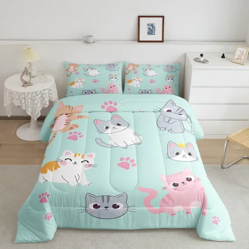 Miniatura 2 de Erosebridal Juego de ropa de cama para niños, tamaño individual, diseño de gatos de dibujos animados, para niñas, niños y adolescentes, edredón