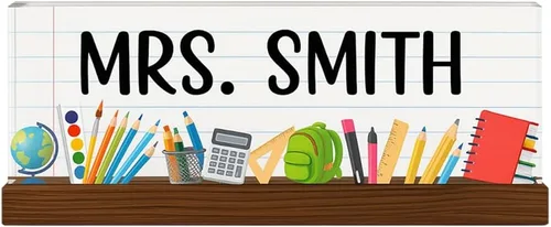 Miniatura 7 de Placa de nombre personalizada para escritorio para profesores, placa de nombre de acrílico personalizada para maestros con base de madera, letrero