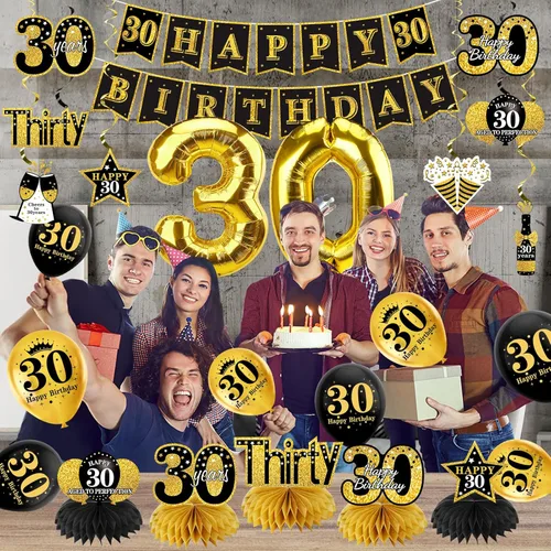 Miniatura 4 de Turypaty Kit de 36 piezas de decoración de cumpleaños de 30 años para hombres y mujeres, pancarta de feliz cumpleaños número 30, globo de panal