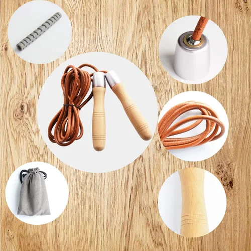 Miniatura 8 de Cuerda de saltar de cuero, cuerdas de salto ajustables, con rodamiento giratorio y asas de madera pura, para entrenamientos de gimnasio y fitness