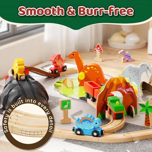 Miniatura 8 de Lehoo Castle Juego de tren de madera - Juego de tren de dinosaurio para niños pequeños de 2 a 4 años, pista de tren de madera, juguetes para niños
