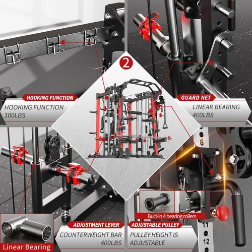 Miniatura 6 de Máquina Smith con sistema de cruce de cables, jaula de potencia multifunción para sentadillas y rack de potencia para gimnasio en casa, rack de Negro