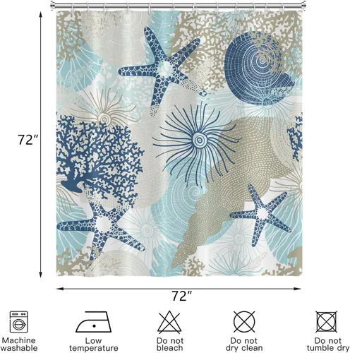 Miniatura 3 de Cortina de ducha náutica costera, cortina de baño con temática de playa y océano, decoración de baño con estrella de mar, coral, concha marina, tela