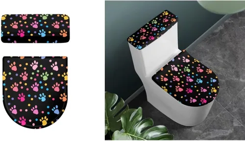 Miniatura 6 de Flashideas Juego de cubierta para tanque y tapa de inodoro con estampados de patas de perro coloridas - Elástico, se adapta a la mayoría de tanques