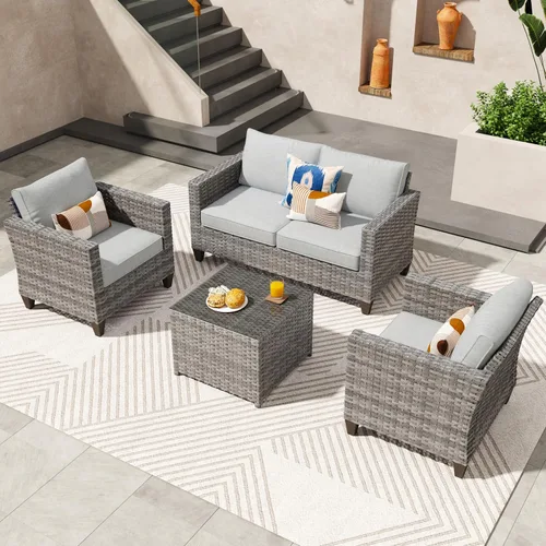 Miniatura 18 de ovios Juego de muebles de patio de 6 piezas, sillas giratorias de mimbre para exteriores con mesa para fogatas de 30 pulgadas, juego de mecedoras