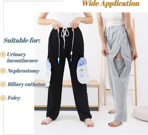 Miniatura 5 de Pantalones de catéter para hombres y mujeres, pantalones con soporte para bolsas de orina y piernas con bolsillos dobles con cremallera para dos