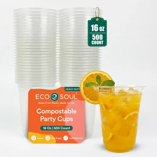 ECO SOUL Vasos de fiesta desechables 100% compostables | Vasos de fiesta ecológicos | (500 unidades, vasos fríos de 16 onzas)