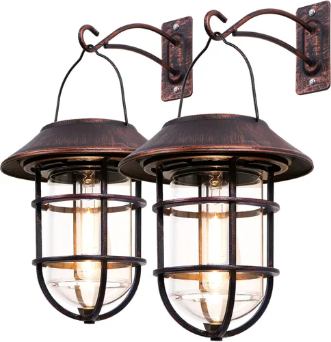 Farol solar colgante para exteriores, luces solares impermeables de metal para exteriores con vidrio transparente, linterna de pared de aluminio