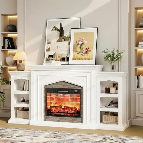 Miniatura 12 de LGHM Soporte de TV con Chimenea Eléctrica LED con Tomacorriente, Repisa de Chimenea de 72'' para TVs de hasta 80'', Centro de Entretenimiento Blanco