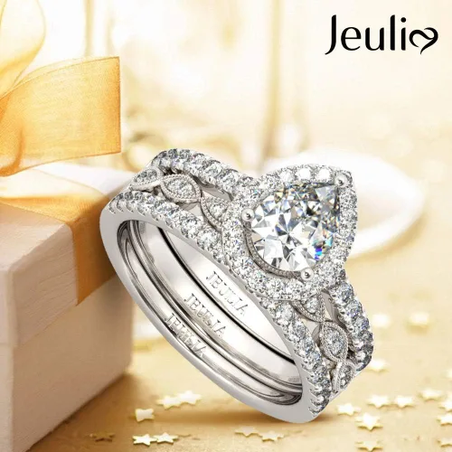Miniatura 5 de Jeulia Juego de anillos de halo de corte pera, anillo de compromiso con forma de corazón CZ para mujer, plata de ley, diamante blanco, anillos