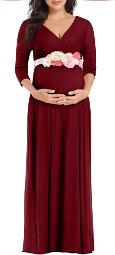Kim S Vestido largo de maternidad con banda de flores (S-3XL), vestido de fiesta baby shower con cuello en V fruncido