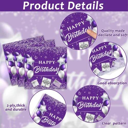 Miniatura 4 de 96 piezas de suministros para fiesta de cumpleaños morado, platos de papel, servilletas, juego de vajilla de feliz cumpleaños morado plateado, cena