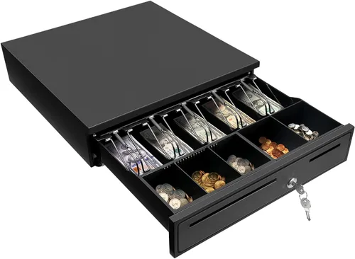 MUNBYN Cajón negro para caja registradora, cajón de efectivo de 16 pulgadas de ancho con bandeja extraíble para monedas, bandeja de 5 billetes/5