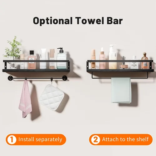 Miniatura 4 de Estantes de baño con toallero, estantes flotantes para baño, cocina, dormitorio, madera de paulownia, marco de metal negro mate, juego de 2