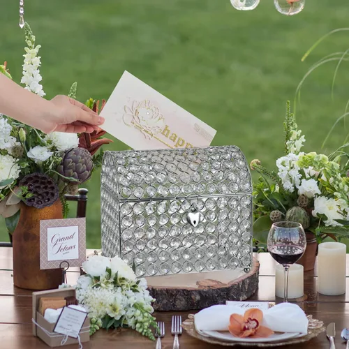 Miniatura 7 de MDLUU Caja de tarjetas del cofre del tesoro con cerradura en forma de corazón, soporte para sobres de cuentas de cristal para bodas, fiestas, Plata