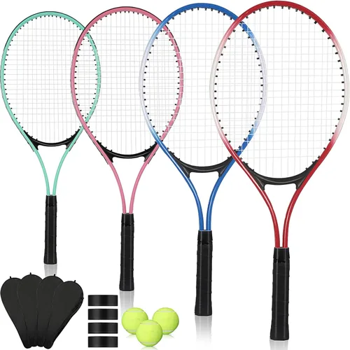 Miniatura 6 de 4 raquetas de tenis para adultos recreativas para 4 jugadores, raqueta de tenis ligera de 27 pulgadas con 3 pelotas de tenis para entrenar rojo