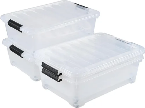 4 paquetes de contenedores de plástico de 20 L debajo de la cama con tapa y ruedas, contenedores organizadores apilables y encajables, caja de