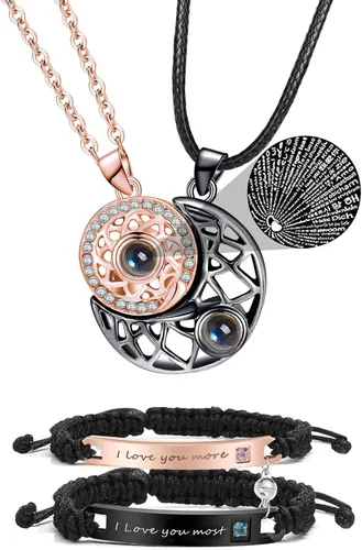Collar de pareja a juego con sol y luna para él y ella, collar "I Love You", 100 idiomas para parejas y mejores amigos, regalo de Navidad 2023